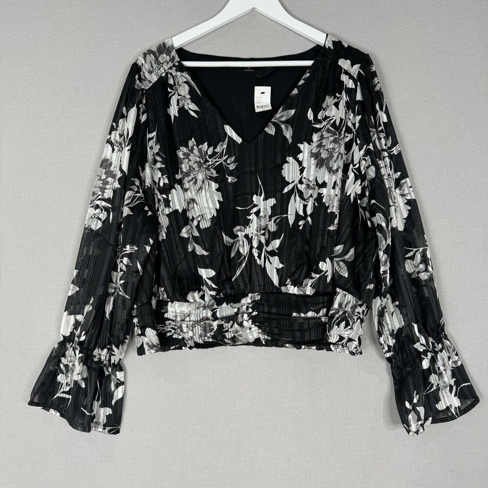 Lane Bryant Womens Top 22 Black Floral Blouse Balloon Sleeve Cottagecore Boho